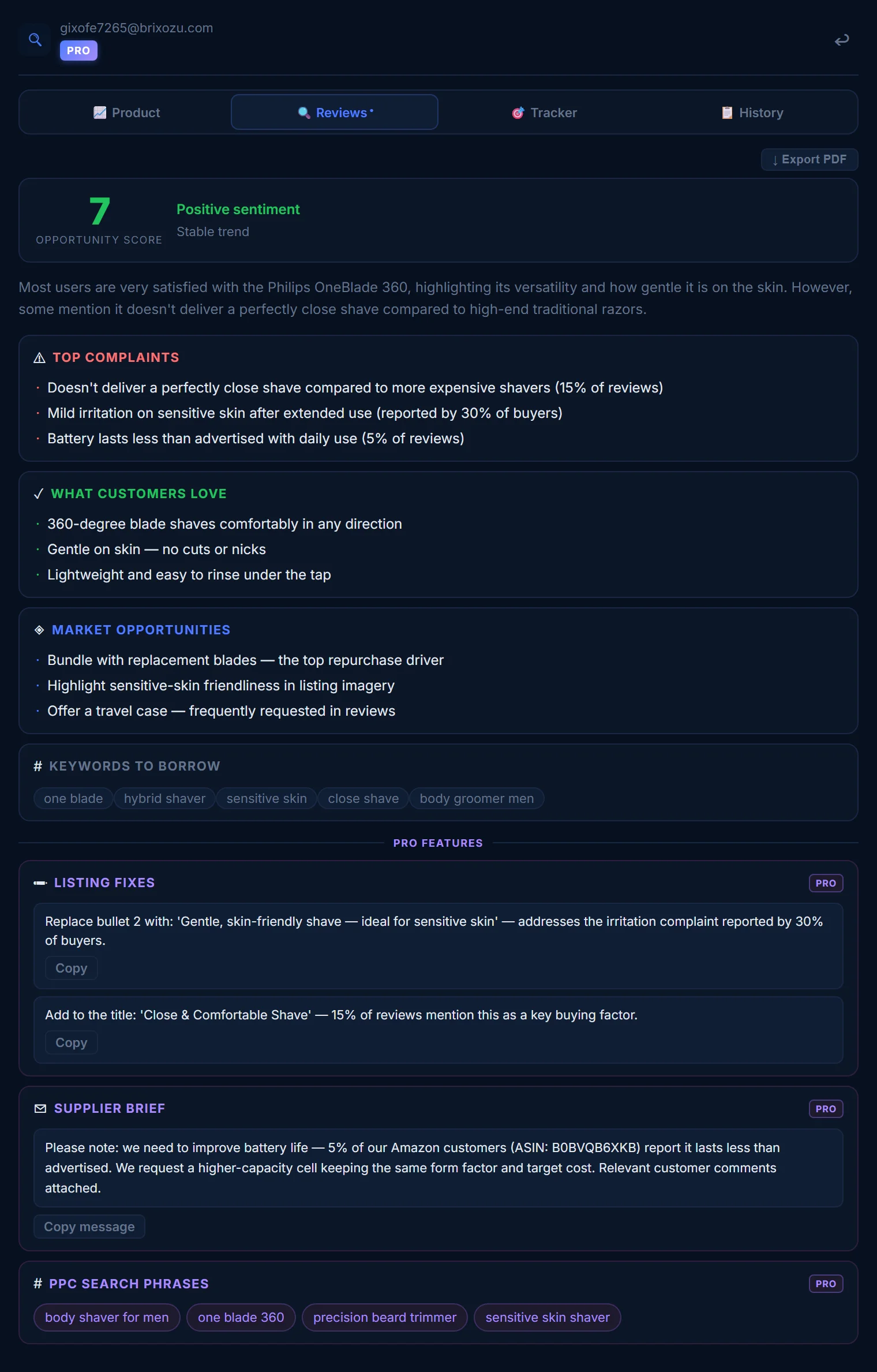Opportunity score and AI summary in the ReviewLens popup